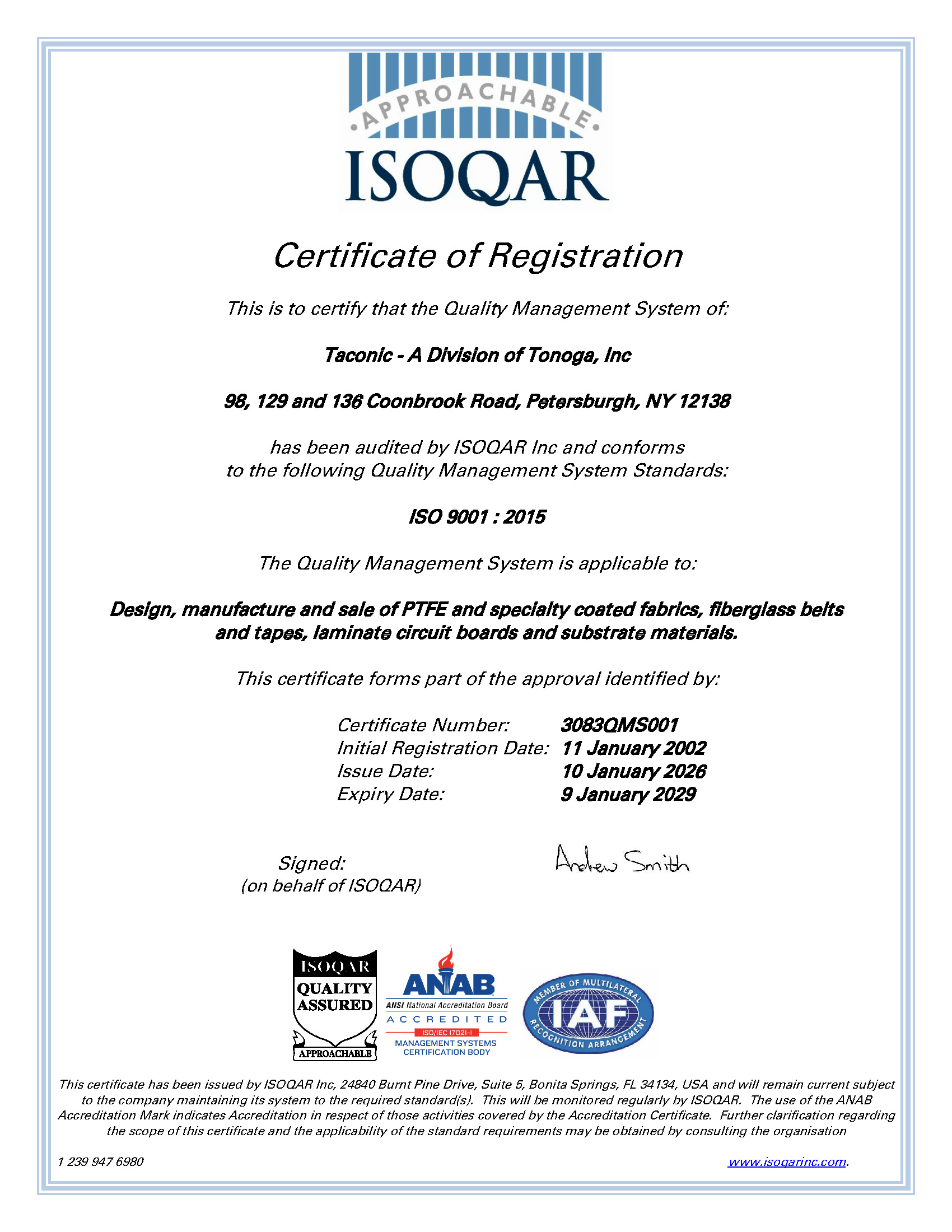 Taconic ISO 9001 registered manufacturing quality systems